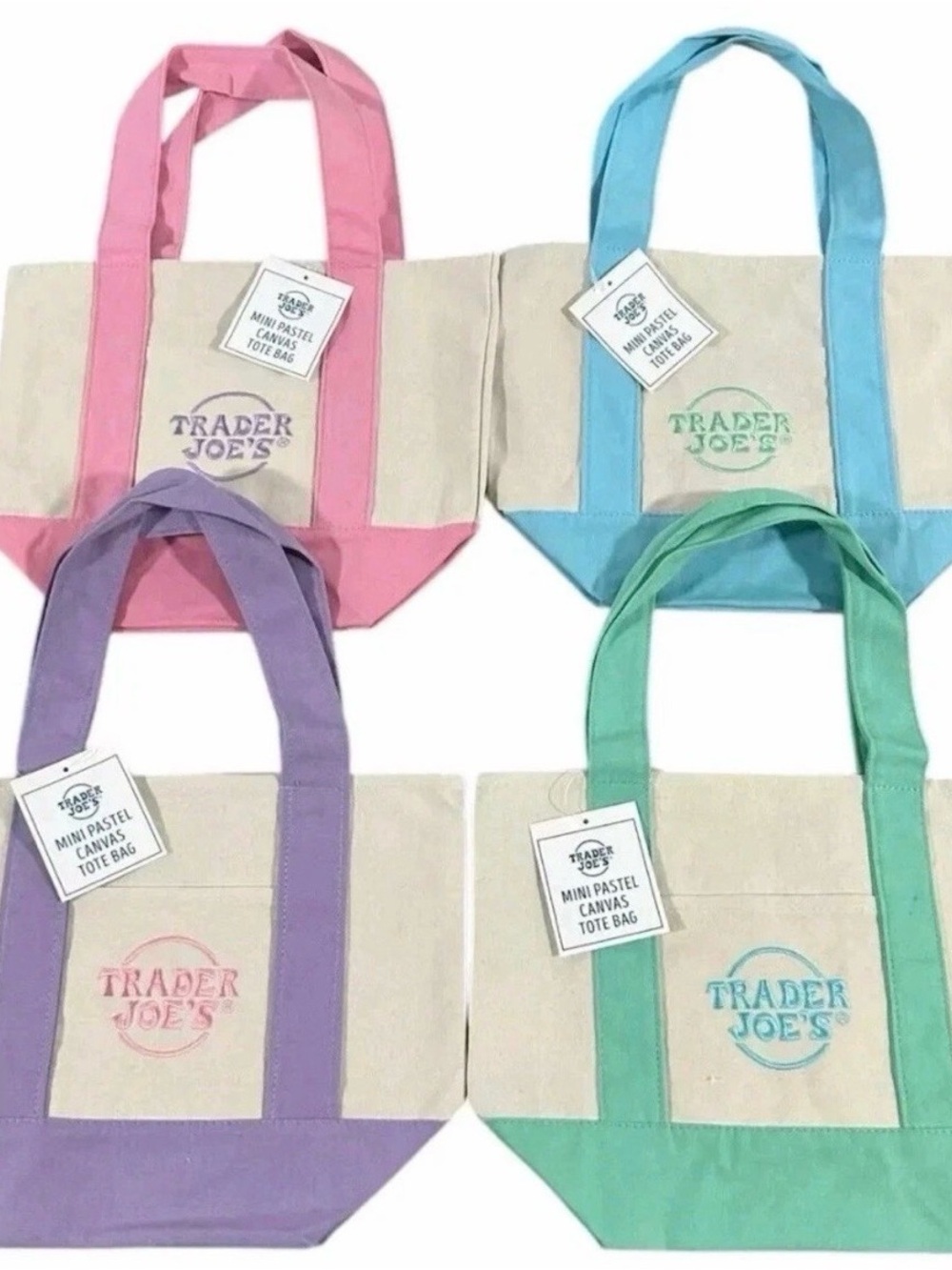 Set of 4 Trader Joe's Viral Mini Pastel Canvas Totes Pink, Blue, Purple, Green